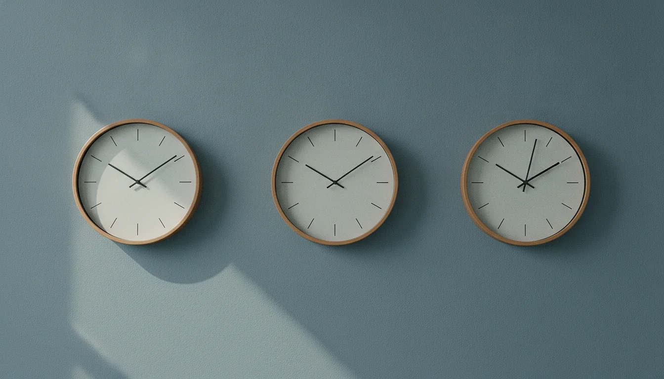 Three plain wall clocks without numerals hanging on one wall, each showing a different time.