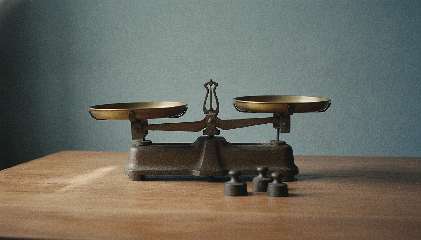 An old two-pan kitchen balance scale on a wooden table, one pan sitting slightly lower than the other.