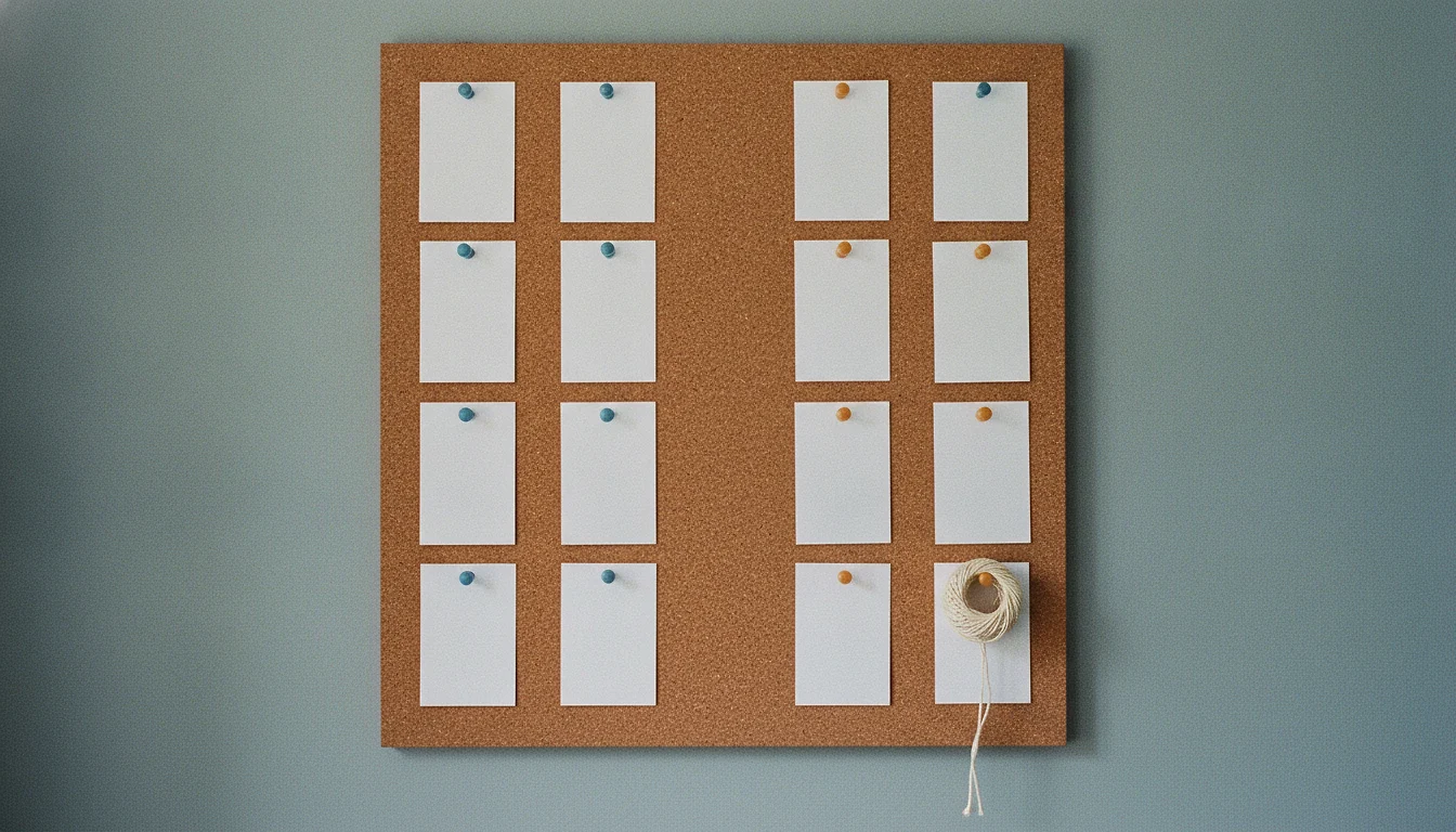 A corkboard holding rows of blank index cards pinned with pushpins in two different colours.