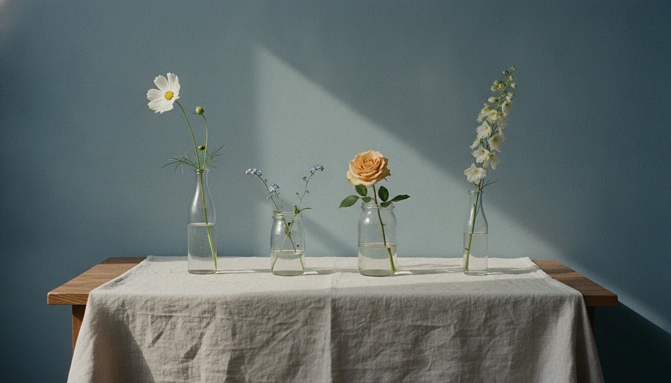 A row of small glass vases of different heights holding single garden flowers on a plain linen-covered table.