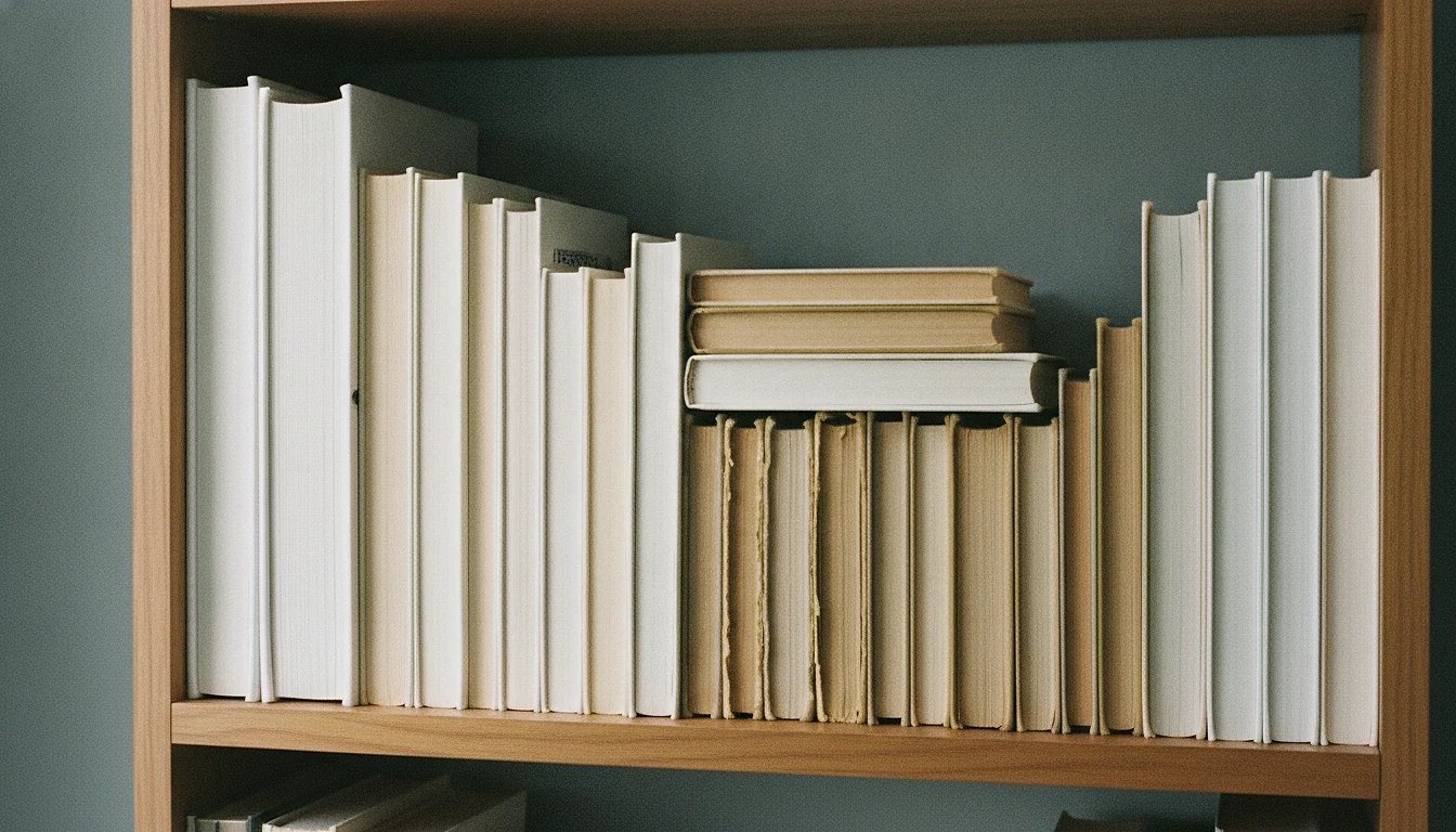 A bookshelf where two different collections have been merged, all books shelved with their page edges facing outward.