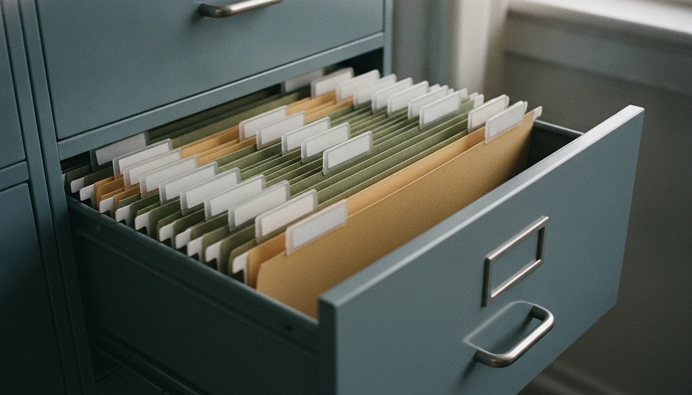 An open filing-cabinet drawer showing a row of suspension folders with blank tabs, lit by window light.