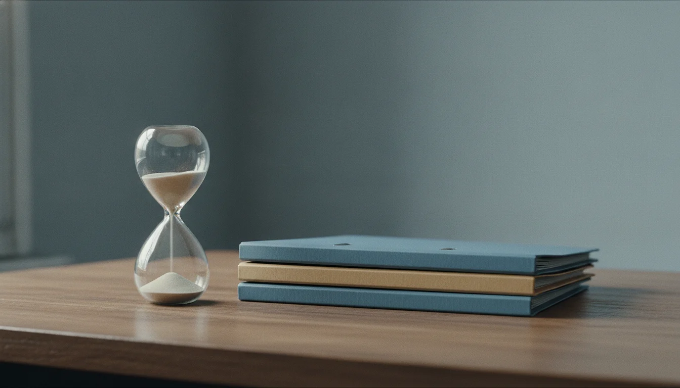 A glass hourglass running beside a short stack of closed folders on an office desk.