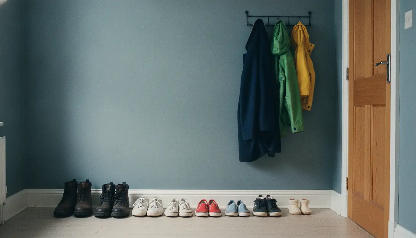A row of shoes in five clearly different sizes lined up along the wall of a narrow hallway.