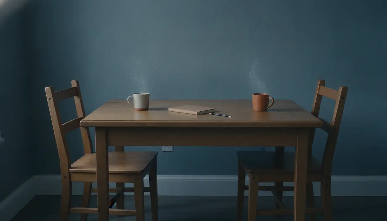 A plain kitchen table at dusk with two chairs tucked in at an angle, two steaming mugs and a closed notebook between them.