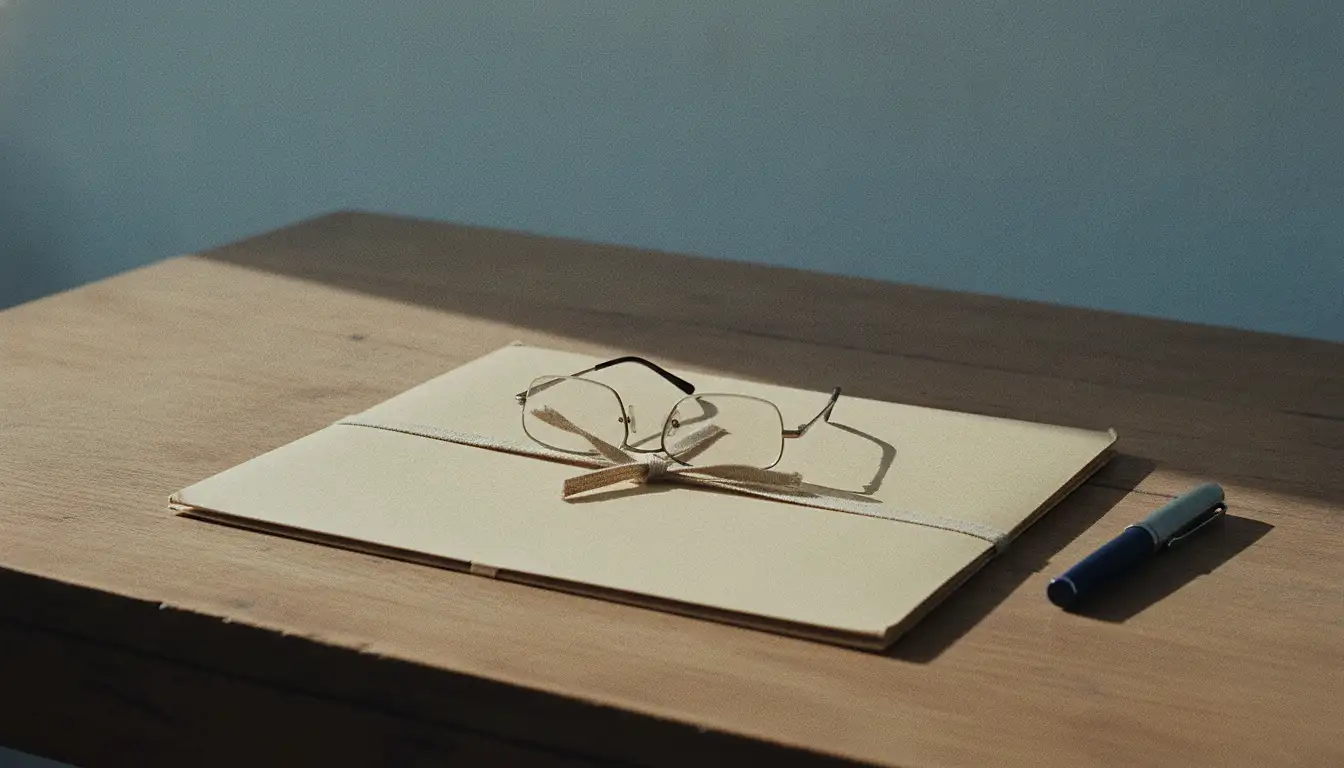 A closed cardboard document folder on a desk with a pair of reading glasses resting on top and a capped pen alongside.