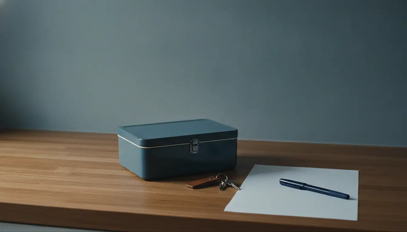 A closed lunch box, a set of house keys and a single blank sheet of paper with a pen, on a wooden counter in morning light.