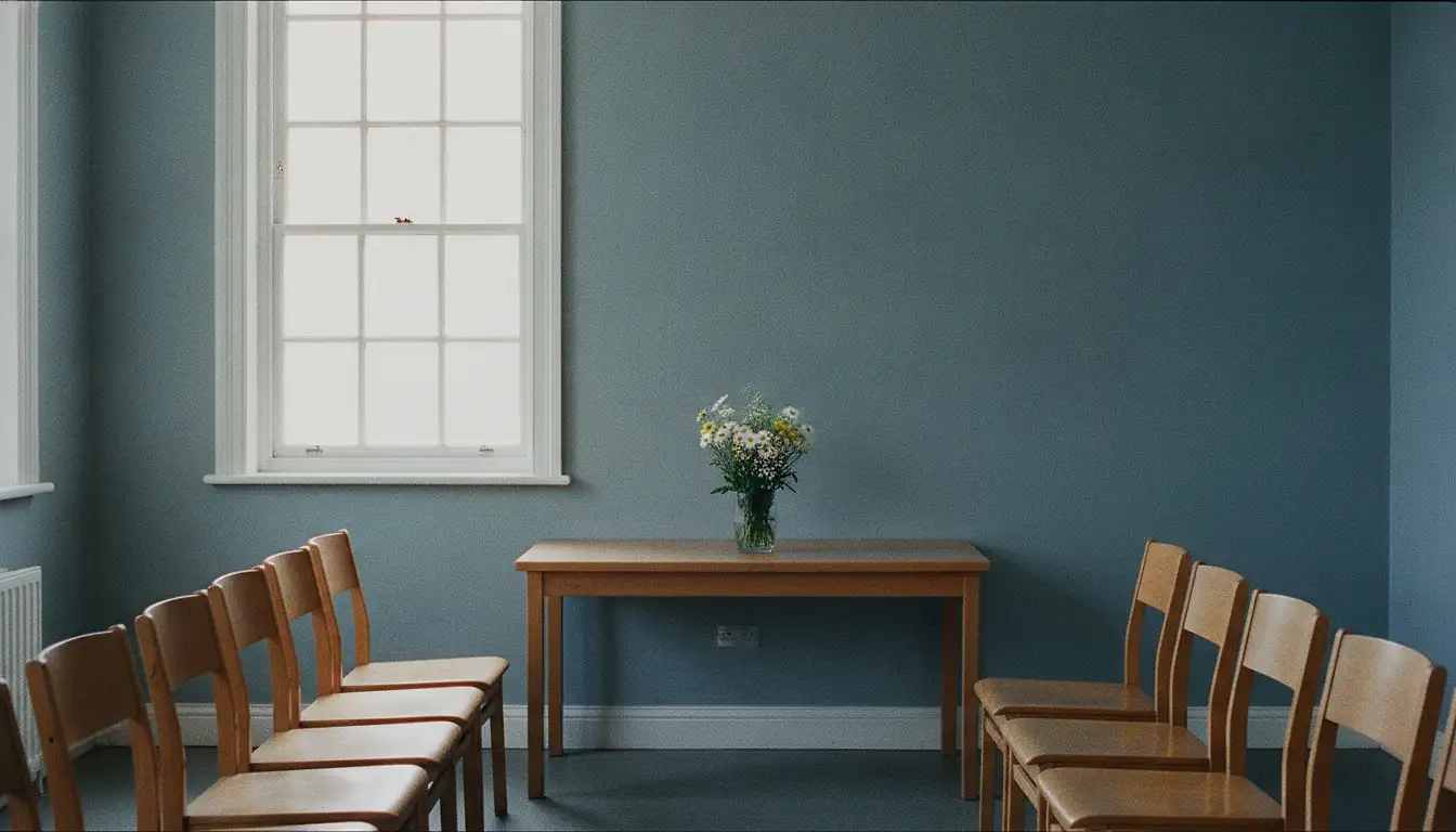 A small municipal ceremony room with two rows of empty wooden chairs facing a plain table by a tall window.