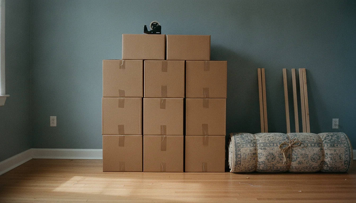 Stacked unmarked cardboard moving boxes, a rolled rug and disassembled bed slats leaning against the wall of an empty daylight room.