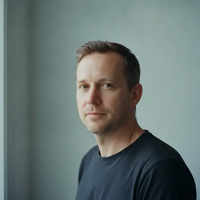 A man in his late forties in a plain dark top, turned three-quarters towards the camera, lit from one side by soft window light against a blurred pale grey-blue wall.