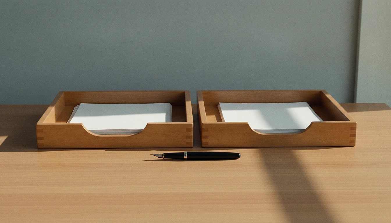 Two wooden document trays on one desk, each holding a small stack of papers turned face-down.