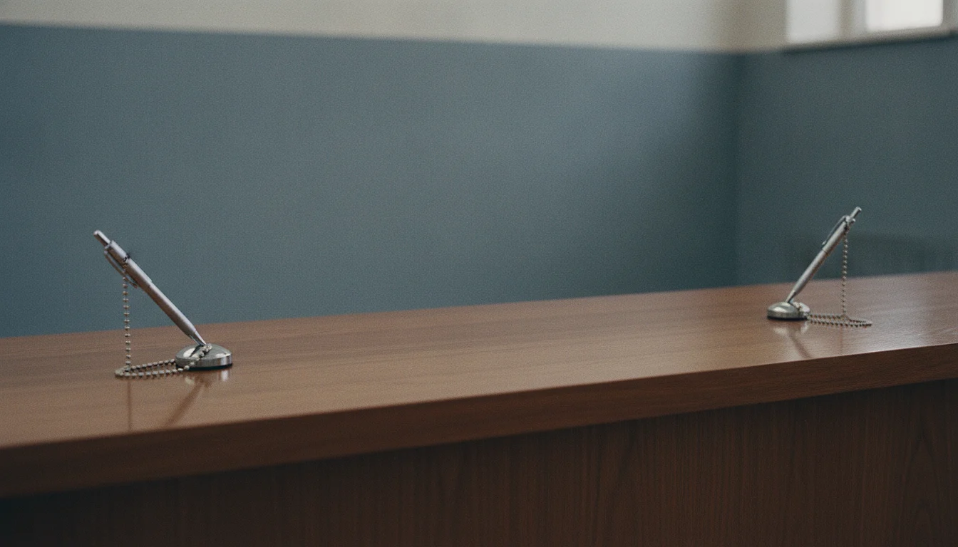 A polished public-office counter with two pens chained to small stands and an empty signing space between them.