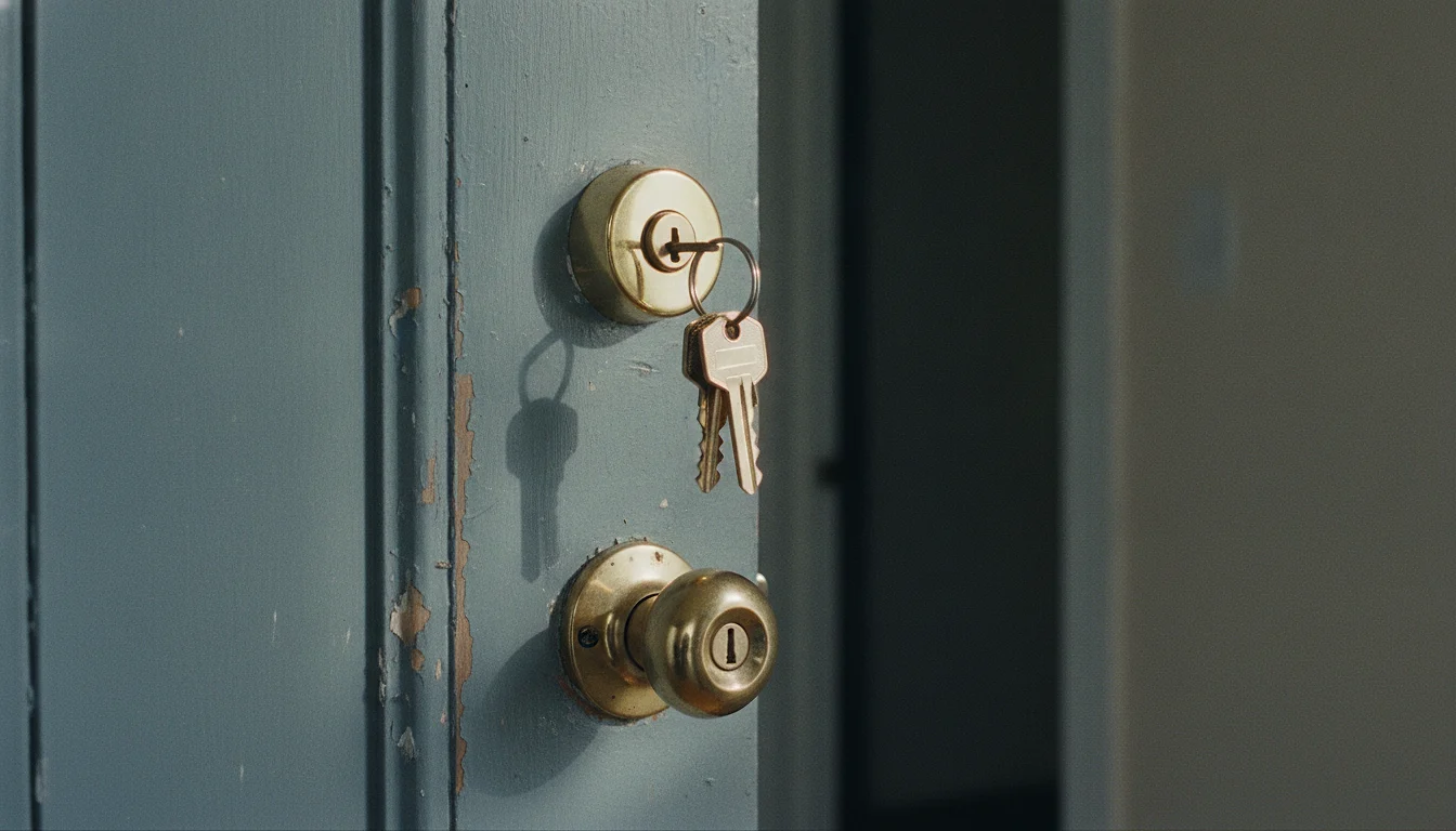The inside of a worn wooden front door fitted with a brand-new brass lock, a fresh set of keys hanging in the keyhole.