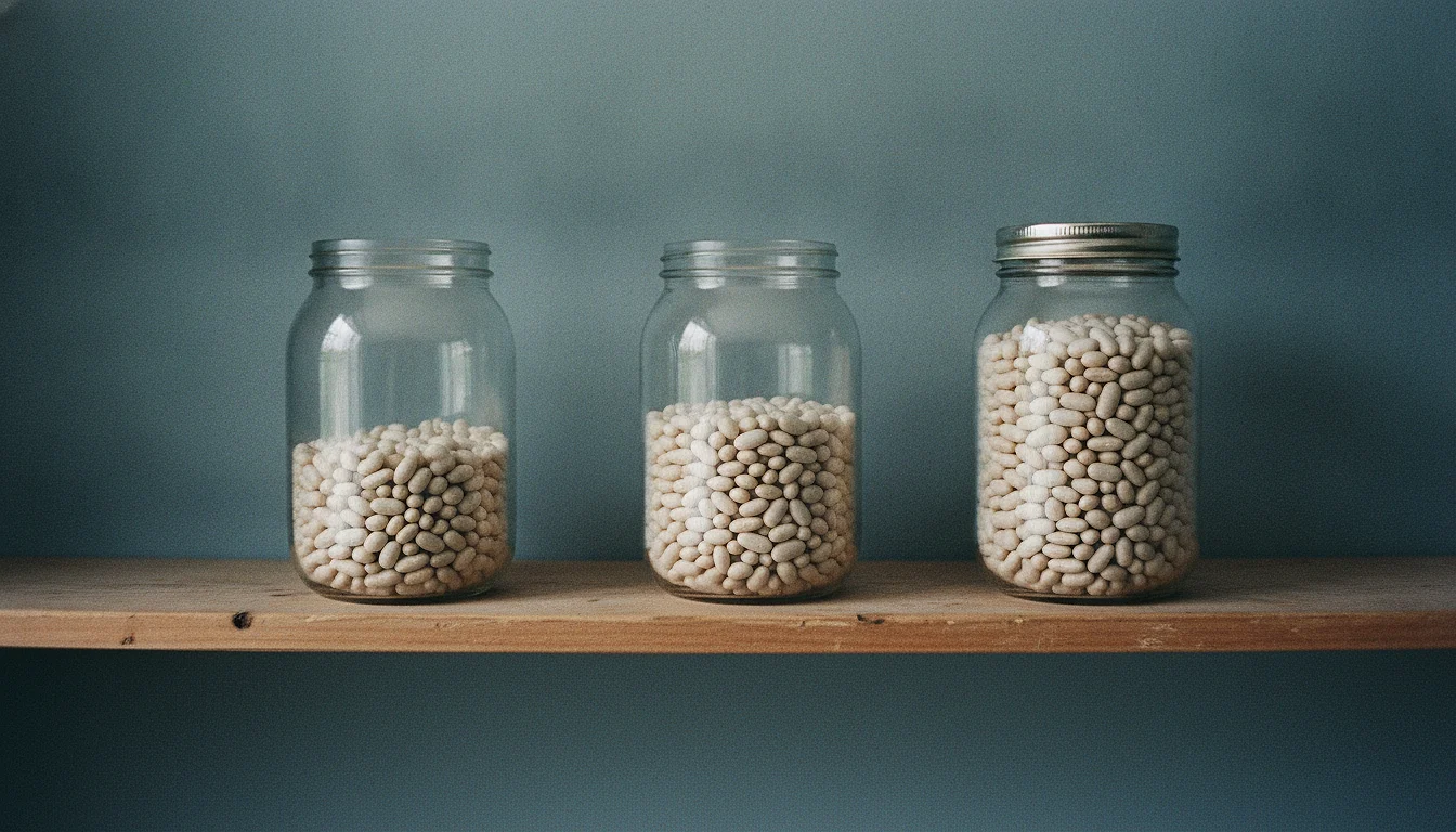 Three identical glass jars on a wooden shelf holding the same dry beans, each filled to a clearly different level.