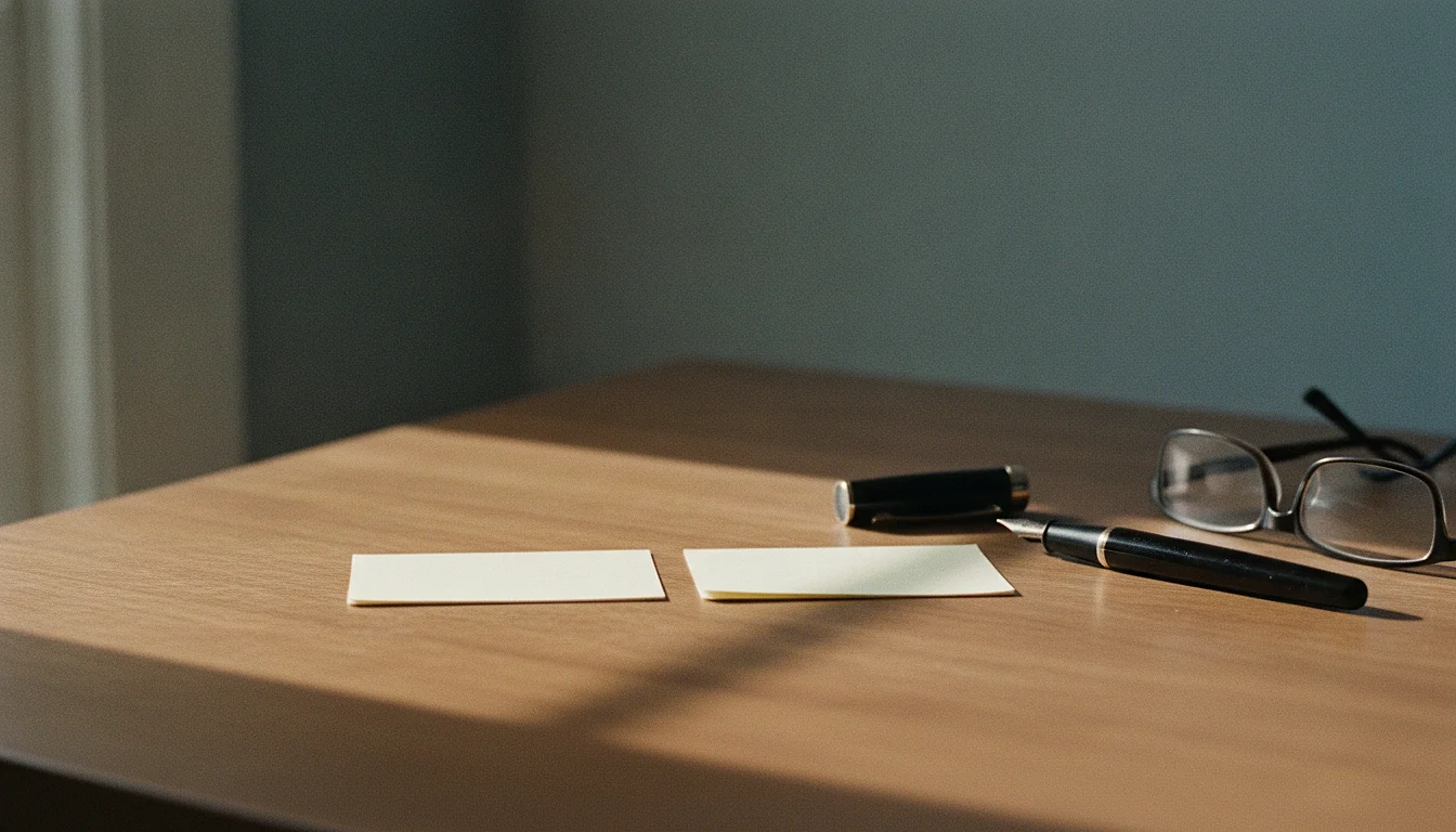 Two small blank note cards, a fountain pen and a pair of reading glasses on a wooden writing desk.