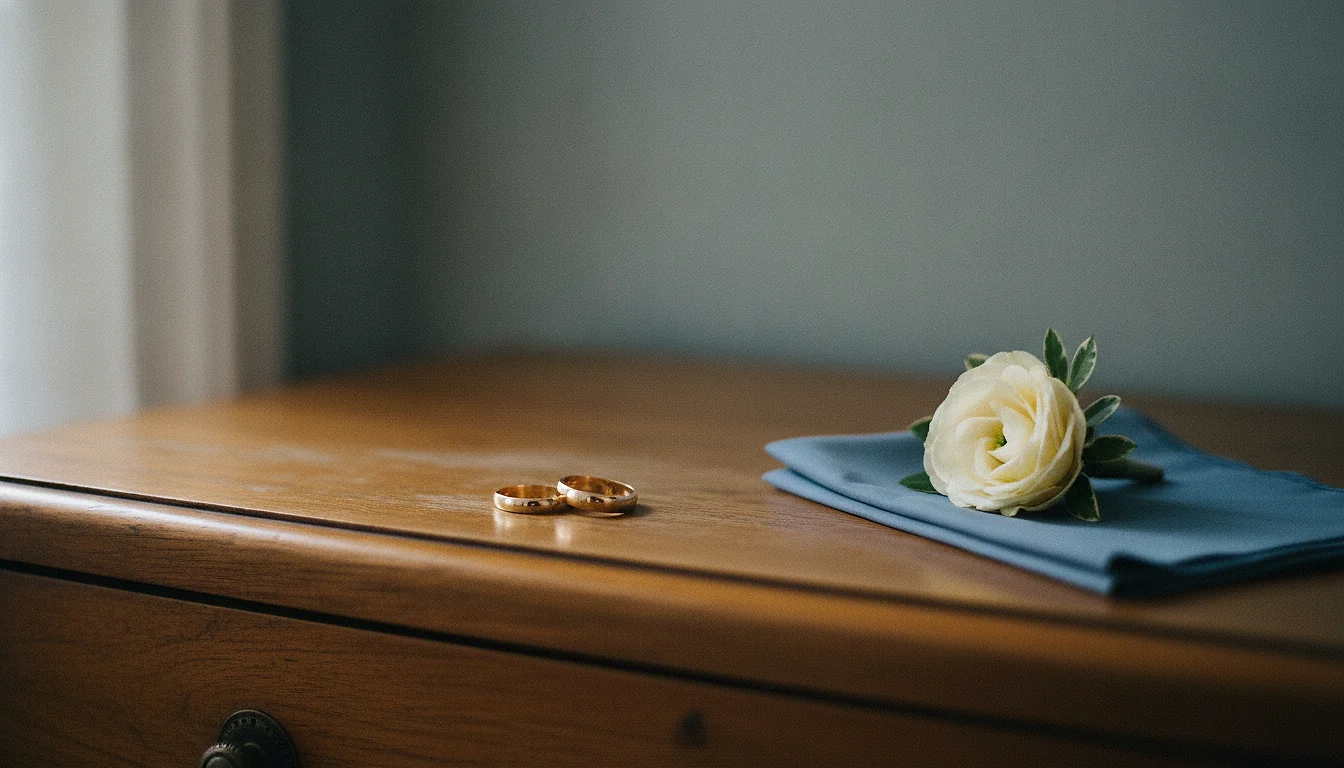 Two wedding bands resting on a wooden dresser top beside a folded pocket square and a single boutonniere.