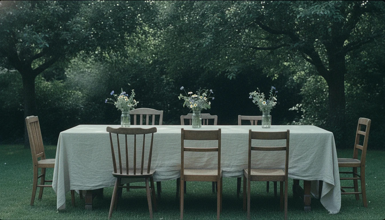 A long table with a linen cloth and mismatched chairs set under garden trees, with simple jars of flowers along it.