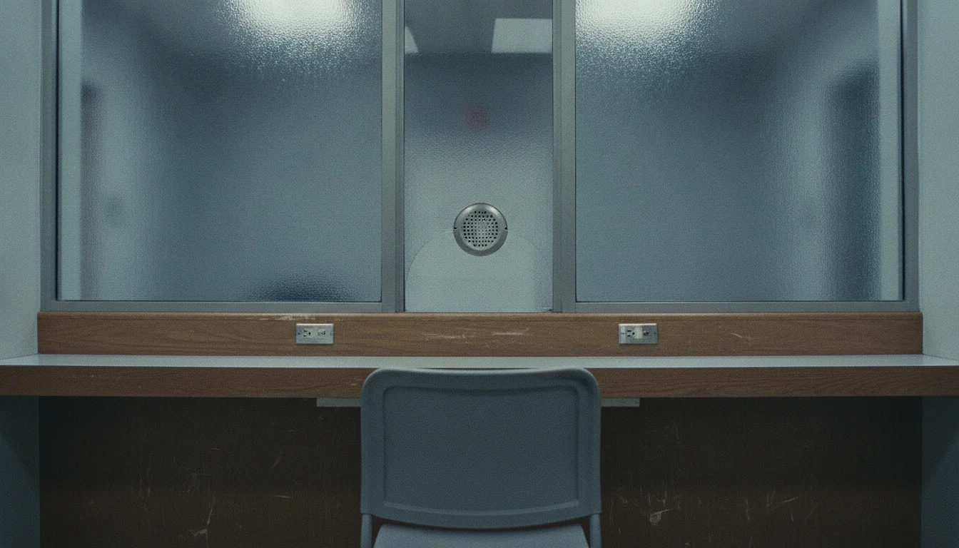 A glass-partitioned counter window in a quiet public office, with a single empty chair on the visitor's side.