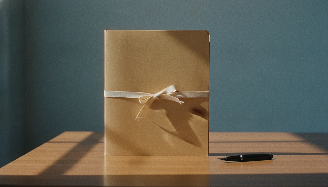A closed manila document folder tied with cotton ribbon lying on a desk beside a capped fountain pen.