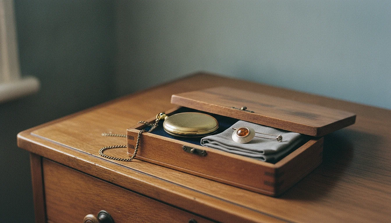 A small wooden keepsake box open on a dresser, holding a closed pocket watch, a brooch and a folded cloth.