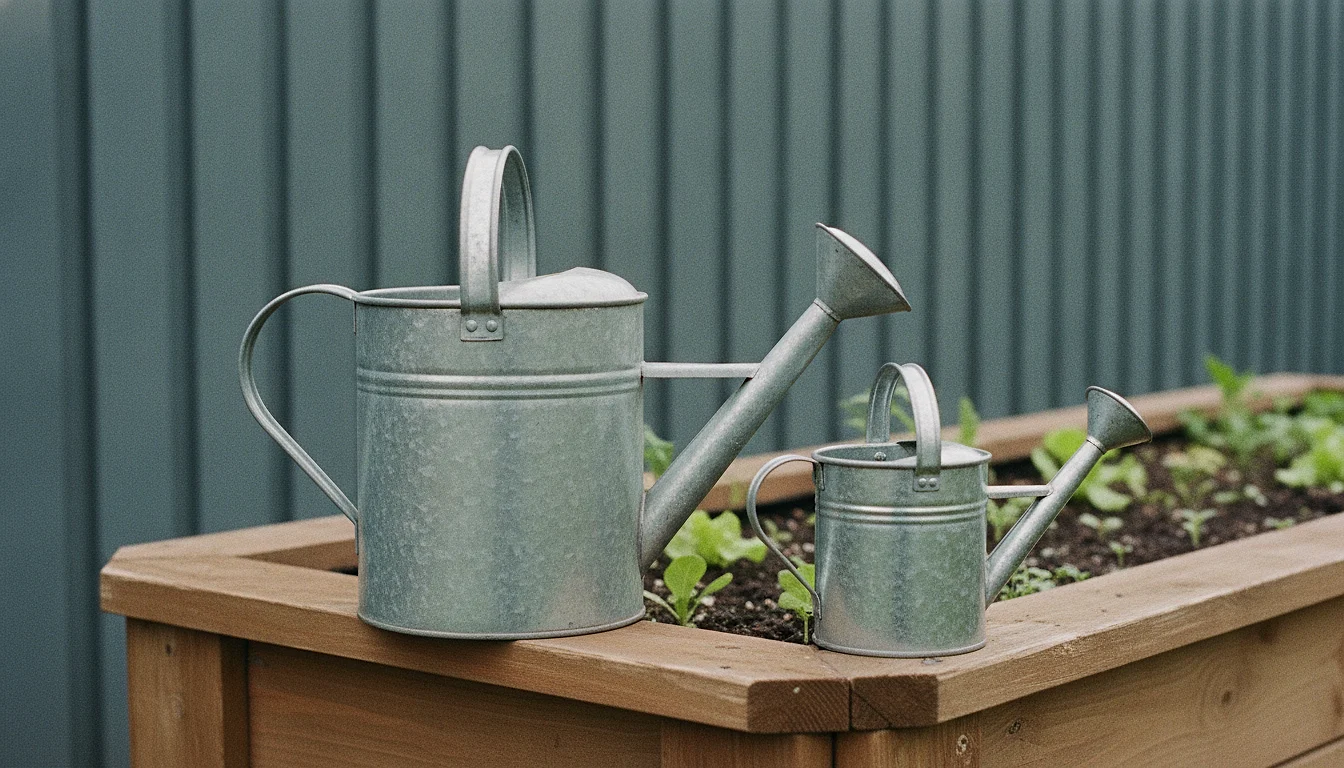 Two metal watering cans of different sizes standing side by side at the edge of one raised garden bed.