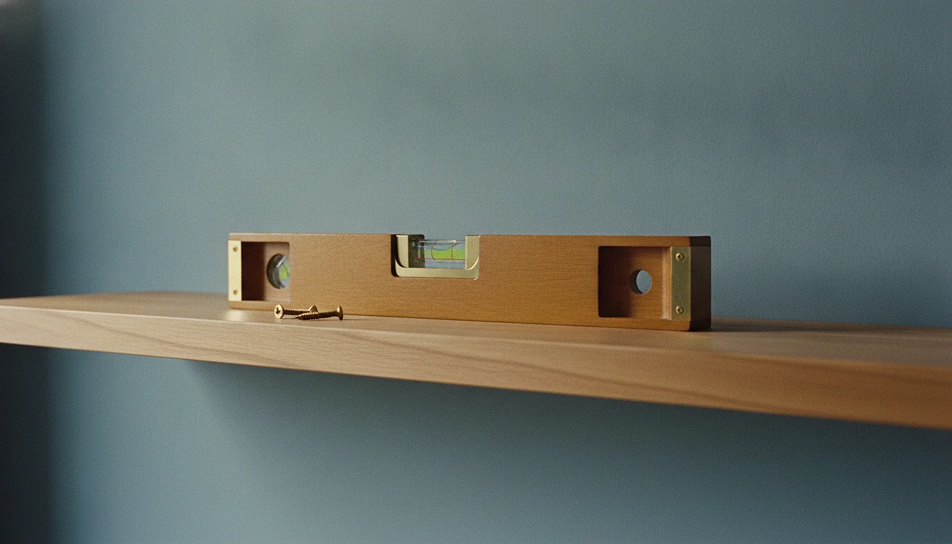 A spirit level resting on a newly fitted wooden shelf against a plain painted wall, bubble centred.