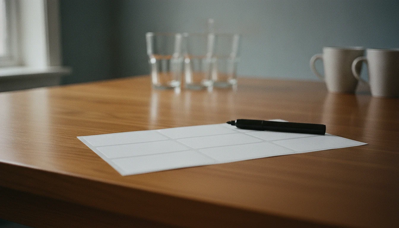 A sheet of blank adhesive name tags and a capped marker lying on a kitchen table before a gathering.